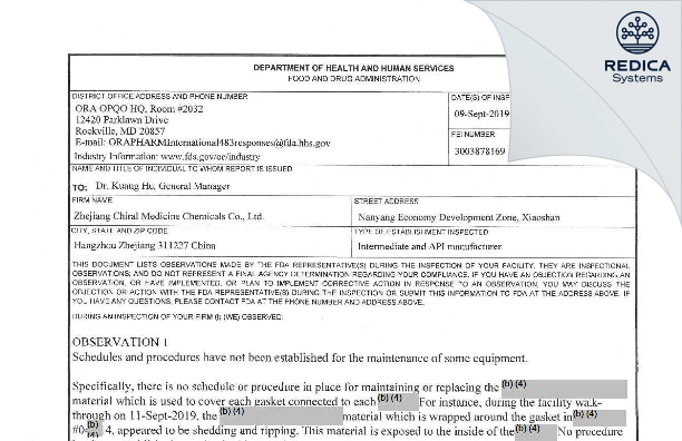 FDA 483 - Zhejiang Chiral Medicine Chemicals Co., Ltd. [China / China] - Download PDF - Redica Systems