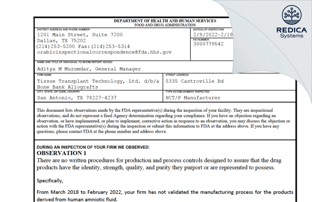 FDA 483 - Tissue Transplant Technology, Ltd. [San Antonio / United States of America] - Download PDF - Redica Systems