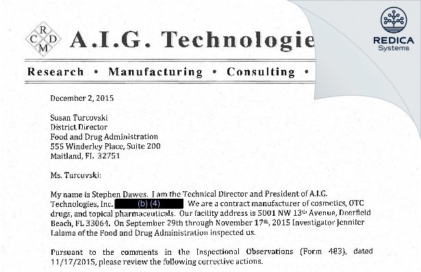 FDA 483 Response - A.I.G. TECHNOLOGIES, INC. [Pompano Beach / United States of America] - Download PDF - Redica Systems