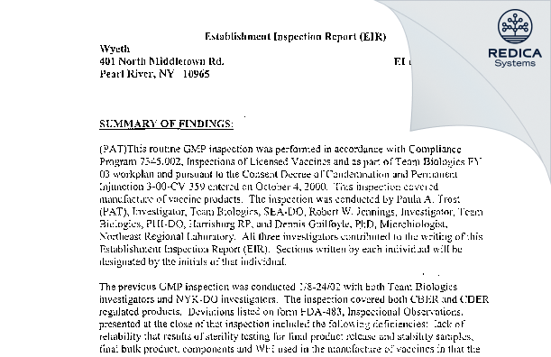 EIR - Wyeth Pharmaceutical Division of Wyeth Holdings LLC [New York / United States of America] - Download PDF - Redica Systems