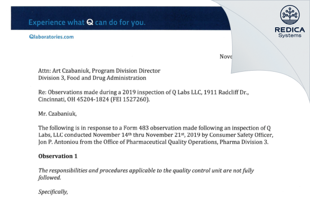FDA 483 Response - Q Labs, LLC [Cincinnati Ohio / United States of America] - Download PDF - Redica Systems