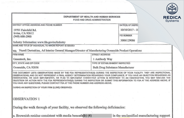 FDA 483 - Genentech, Inc. [Oceanside / United States of America] - Download PDF - Redica Systems