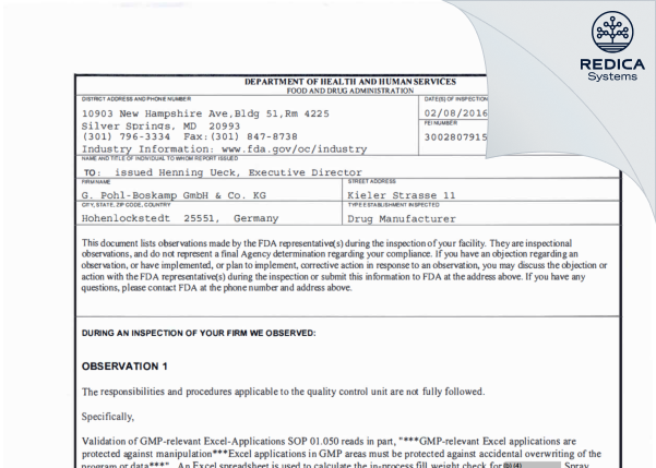 FDA 483 - G. Pohl-Boskamp GmbH & Co. KG [Hohenlockstedt / Germany] - Download PDF - Redica Systems
