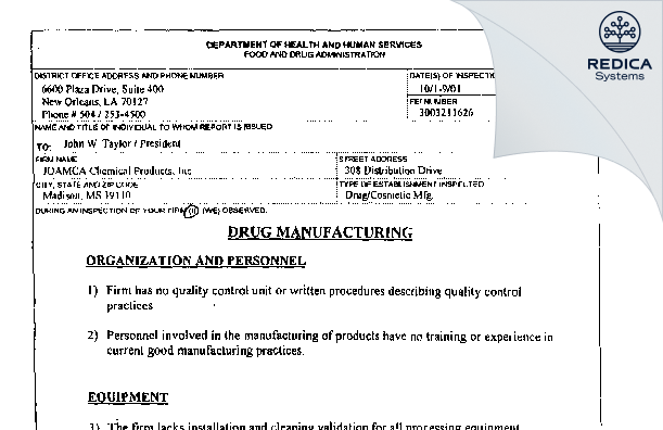 FDA 483 - Taylor Industries, LLC. [Madison / United States of America] - Download PDF - Redica Systems