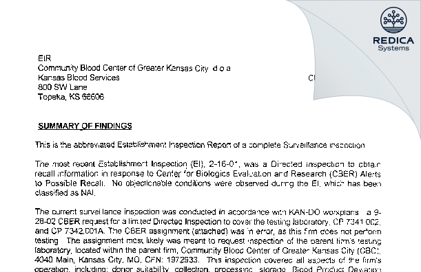 EIR - Community Blood Cntr of Grtr KC [Topeka / United States of America] - Download PDF - Redica Systems