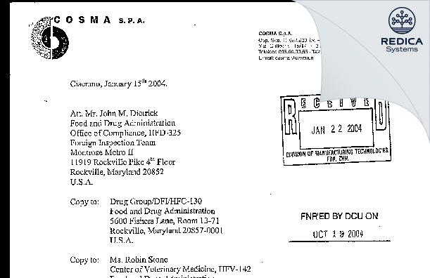FDA 483 Response - COSMA Spa [Italy / Italy] - Download PDF - Redica Systems