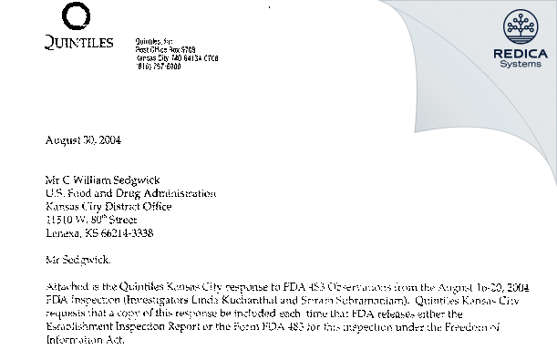 FDA 483 Response - Catalent CTS, LLC [Kansas City / United States of America] - Download PDF - Redica Systems