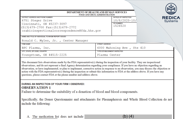 FDA 483 - BPC Plasma, Inc. [Youngstown / United States of America] - Download PDF - Redica Systems