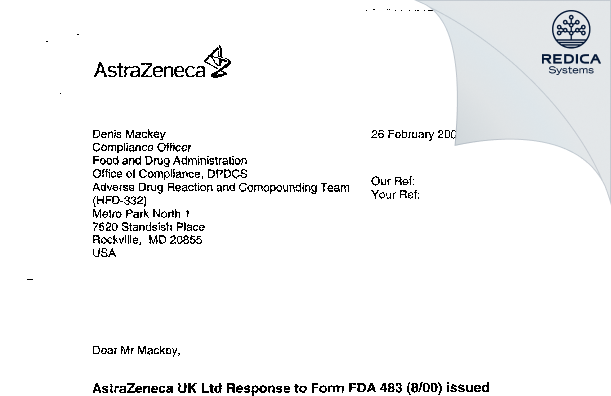 FDA 483 Response - AstraZeneca UK Ltd [Luton / United Kingdom of Great Britain and Northern Ireland] - Download PDF - Redica Systems