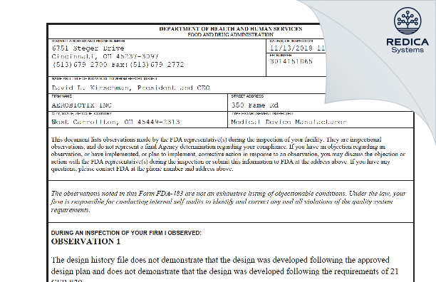 FDA 483 - AeroBiotix LLC [Miamisburg / United States of America] - Download PDF - Redica Systems