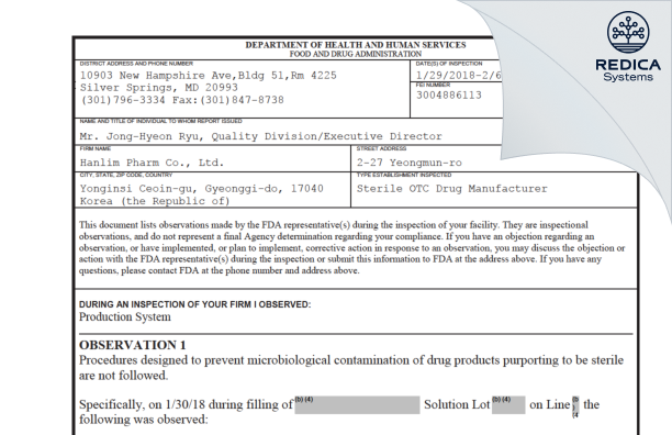 FDA 483 - Hanlim Pharm. Co., Ltd. [- / Korea (Republic of)] - Download PDF - Redica Systems
