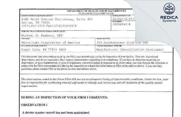 FDA 483 - Microlight Corporation of America [Sugar Land / United States of America] - Download PDF - Redica Systems