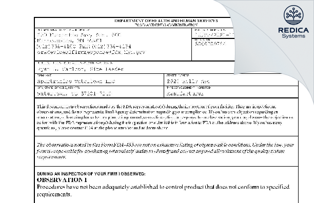 FDA 483 - Spartronics Watertown LLC [Watertown / United States of America] - Download PDF - Redica Systems