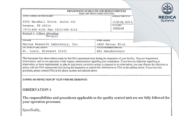 FDA 483 - Marcus Research Laboratory, Inc. [St. Louis / United States of America] - Download PDF - Redica Systems