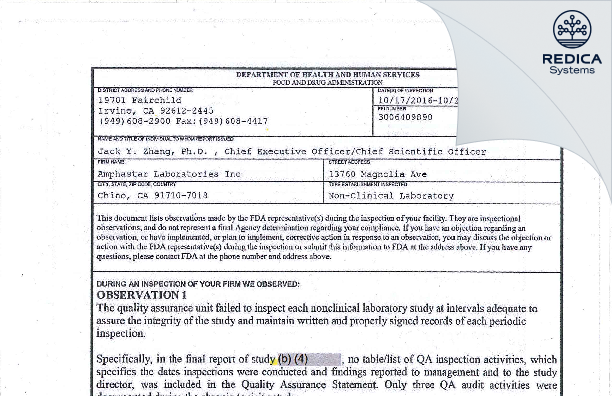 FDA 483 - Amphastar Laboratories Inc [Chino / United States of America] - Download PDF - Redica Systems