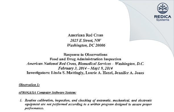 FDA 483 Response - American Red Cross National Headquarters [Washington / United States of America] - Download PDF - Redica Systems
