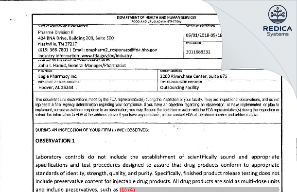 FDA 483 - Eagle Pharmacy, Inc. [Hoover / United States of America] - Download PDF - Redica Systems