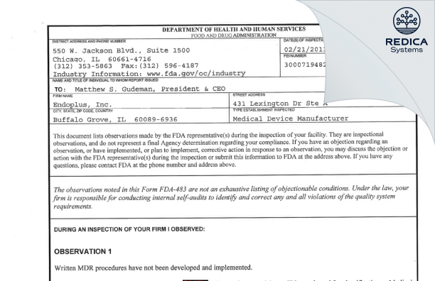 FDA 483 - Endoplus [Mundelein / United States of America] - Download PDF - Redica Systems
