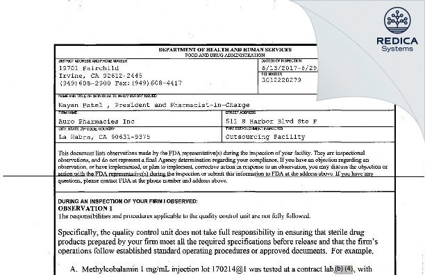 FDA 483 - Auro Pharmacies, Inc DBA Central Drugs [La Habra / United States of America] - Download PDF - Redica Systems