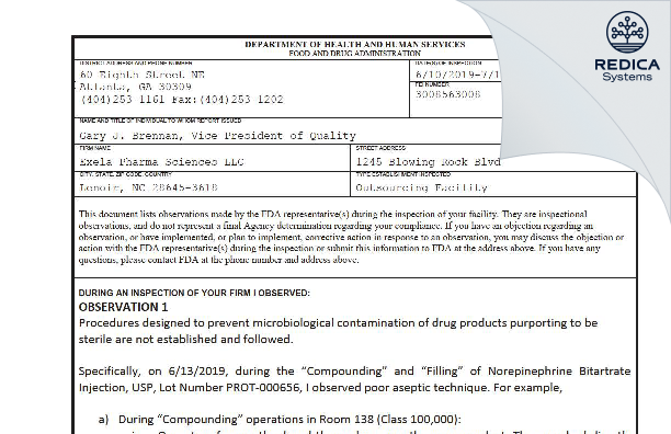 FDA 483 - Exela Pharma Sciences, LLC. [Carolina / United States of America] - Download PDF - Redica Systems