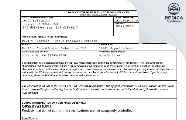 FDA 483 - Pacific Consolidated Industries LLC [Riverside / United States of America] - Download PDF - Redica Systems