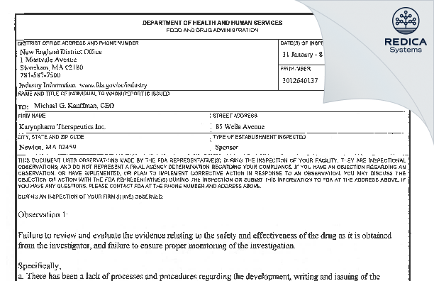 FDA 483 - Karyopharm Therapeutics Inc. [Newton / United States of America] - Download PDF - Redica Systems