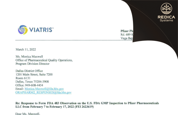 FDA 483 Response - Viatris Pharmaceuticals LLC [Rico / United States of America] - Download PDF - Redica Systems