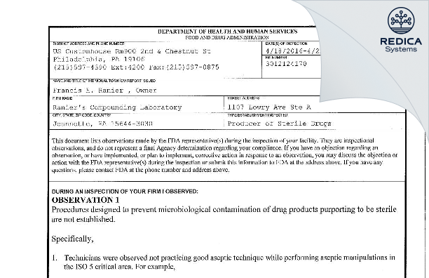 FDA 483 - Ranier's Compounding Laboratory [Jeannette / United States of America] - Download PDF - Redica Systems