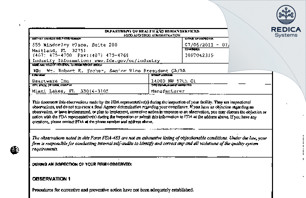 FDA 483 - Heartware, Inc. [Miami Lakes / United States of America] - Download PDF - Redica Systems