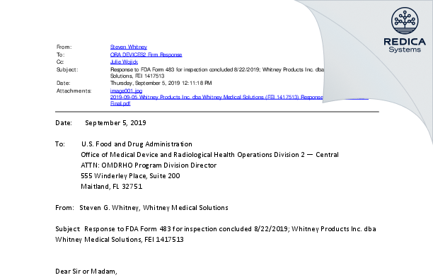 FDA 483 Response - Whitney Products Inc. [Niles / United States of America] - Download PDF - Redica Systems