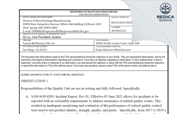 FDA 483 - Tanvex BioPharma USA, Inc [San Diego / United States of America] - Download PDF - Redica Systems
