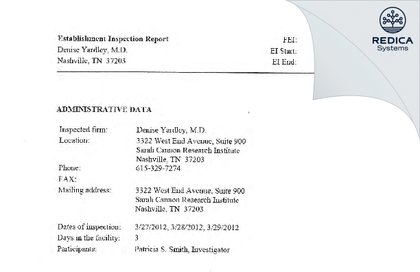EIR - Denise Yardley, M.D. [Nashville / United States of America] - Download PDF - Redica Systems