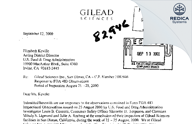 FDA 483 Response - Gilead Sciences, Inc. [San Dimas California / United States of America] - Download PDF - Redica Systems