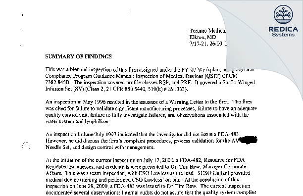 EIR - Terumo Medical Corporation [Elkton / United States of America] - Download PDF - Redica Systems