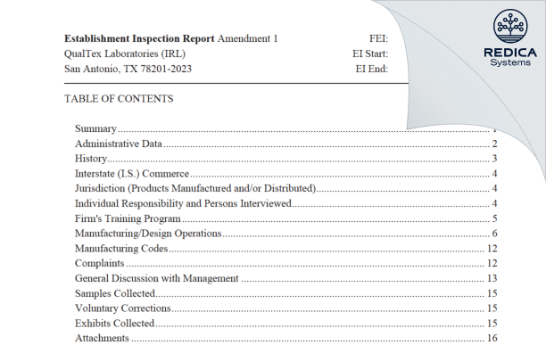 EIR - QualTex Laboratories (IRL) [San Antonio / United States of America] - Download PDF - Redica Systems