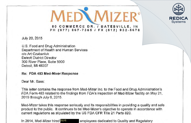 FDA 483 Response - Med-Mizer, Inc. [Batesville / United States of America] - Download PDF - Redica Systems