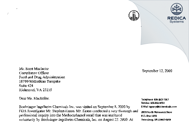 FDA 483 Response - Boehringer Ingelheim Chemicals, Inc. [Petersburg / United States of America] - Download PDF - Redica Systems
