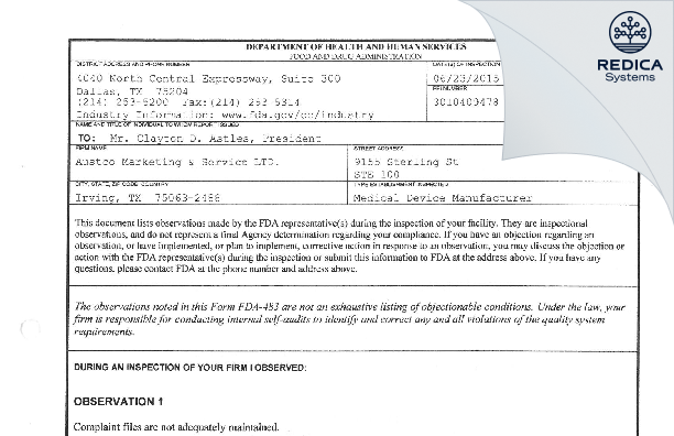 FDA 483 - Austco Marketing & Service LTD. [Irving / United States of America] - Download PDF - Redica Systems