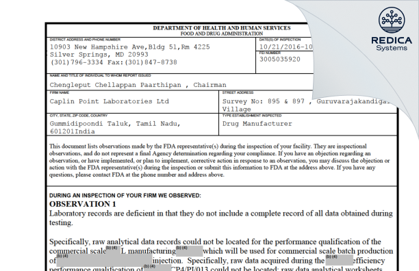 FDA 483 - CAPLIN STERILES LIMITED [Gummidipoondi / India] - Download PDF - Redica Systems