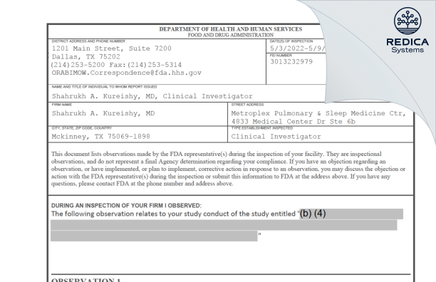 FDA 483 - Shahrukh A. Kureishy, MD [Mckinney / United States of America] - Download PDF - Redica Systems