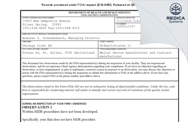 FDA 483 - Derungs Licht AG [Gossau Sg / Switzerland] - Download PDF - Redica Systems