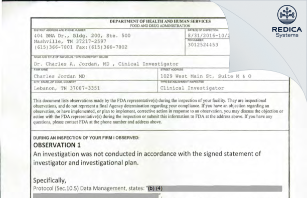FDA 483 - Charles Jordan MD [Lebanon / United States of America] - Download PDF - Redica Systems