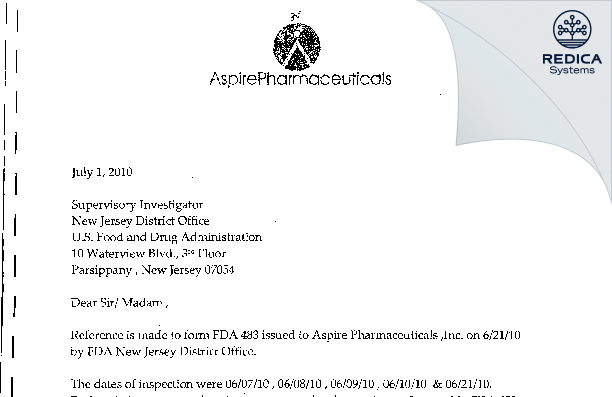 FDA 483 Response - Aspire Pharmaceuticals Inc. [Jersey / United States of America] - Download PDF - Redica Systems