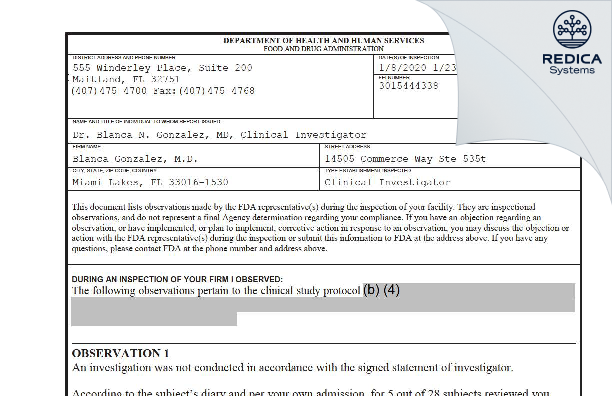 FDA 483 - Blanca Gonzalez, M.D. [Miami Lakes / United States of America] - Download PDF - Redica Systems