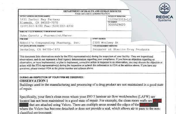 FDA 483 - Abbott's Compounding Pharmacy, Inc. [Berkeley / United States of America] - Download PDF - Redica Systems