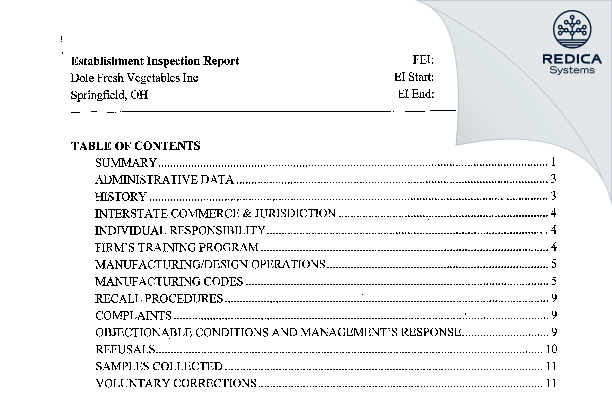 EIR - Dole Fresh Vegetables, Inc. [Springfield / United States of America] - Download PDF - Redica Systems