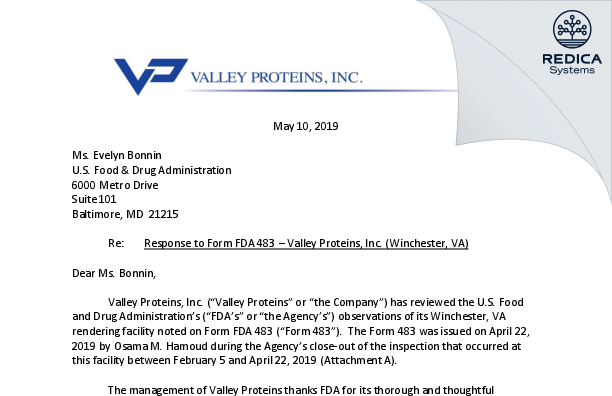FDA 483 Response - Valley Proteins, Inc. [Winchester / United States of America] - Download PDF - Redica Systems