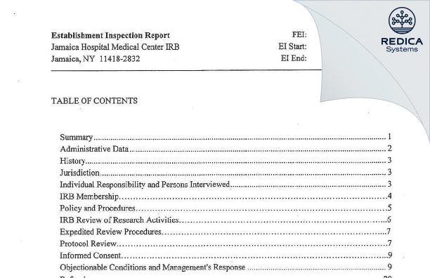 EIR - Jamaica Hospital Medical Center IRB [Jamaica / United States of America] - Download PDF - Redica Systems