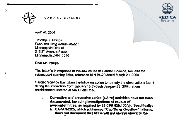 FDA 483 Response - Cardiac Science Corporation [Deerfield / United States of America] - Download PDF - Redica Systems