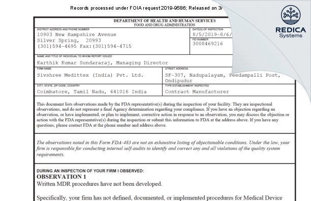 FDA 483 - Sivshree Medittex (India) Pvt. Ltd. [Coimbatore / India] - Download PDF - Redica Systems